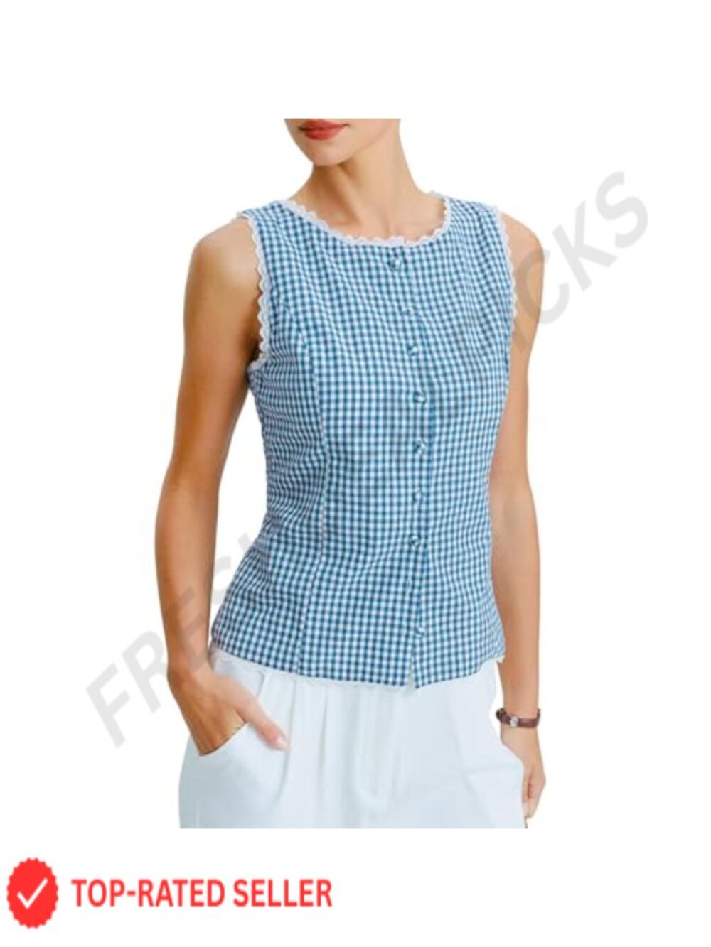 Sleeveless Plaid Tank Top Button Lace Trim Slim Fit Tweed Vest